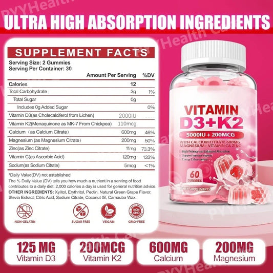 Vitamin D3 K2 Gummies with Calcium and Zinc – 60 Pieces