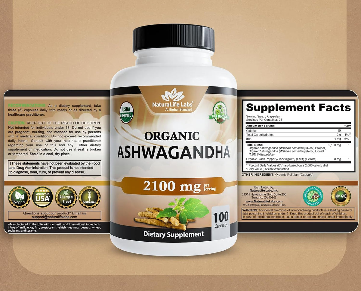 Organic Ashwagandha 2100 mg Capsules – Full Spectrum