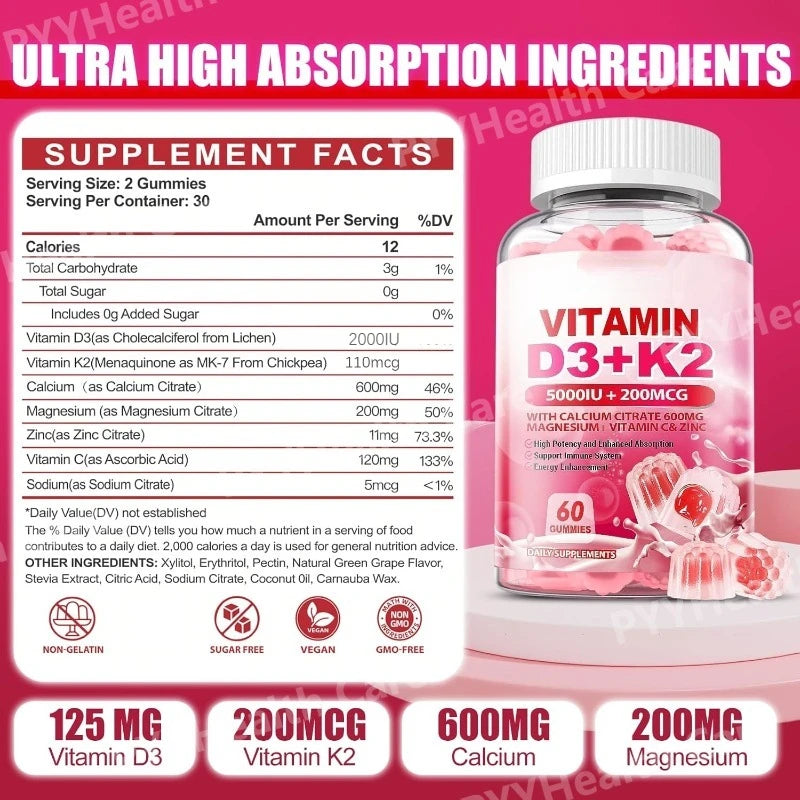 Vitamin D3 K2 Gummies with Calcium and Zinc – 60 Pieces