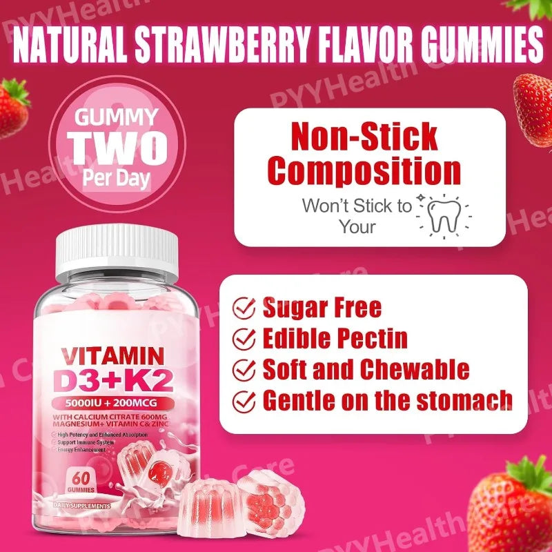 Vitamin D3 K2 Gummies with Calcium and Zinc – 60 Pieces